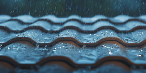 Prim-plan cu ploaie care cade pe un acoperiș ondulat, cu țigle maro. Picăturile de ploaie creează un efect strălucitor, transmițând o atmosferă calmă și liniștitoare.