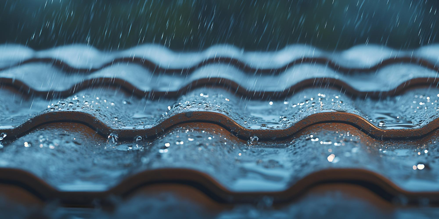 Prim-plan cu ploaie care cade pe un acoperiș ondulat, cu țigle maro. Picăturile de ploaie creează un efect strălucitor, transmițând o atmosferă calmă și liniștitoare.