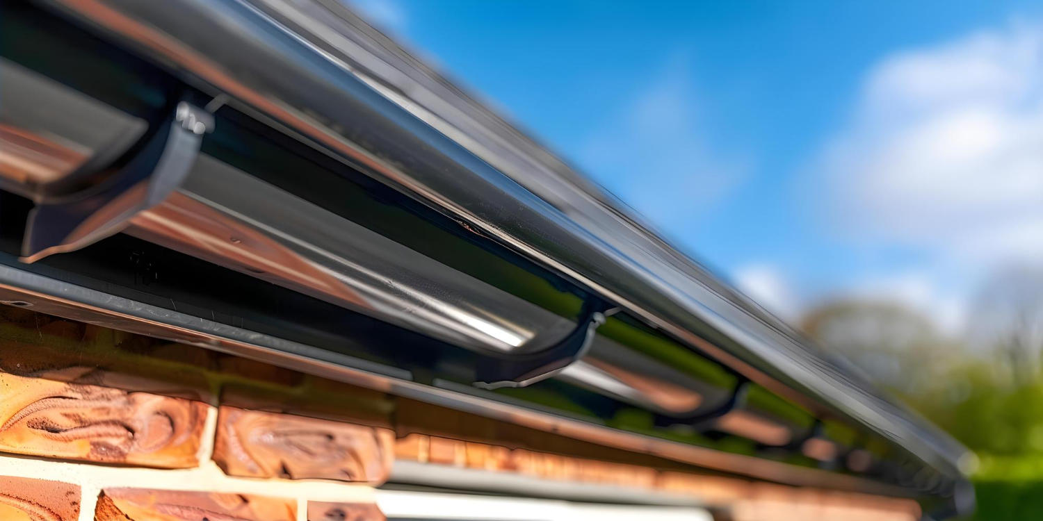 Prim-plan cu jgheaburi din plastic negru pe o casă din cărămidă roșie, sub un cer albastru limpede. Imaginea transmite o atmosferă curată, îngrijită și însorită.