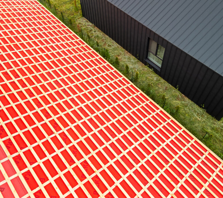 Vedere aeriană a unui acoperiș în carouri roșii, sub care se află o clădire neagră cu o fereastră. Peisajul este înconjurat de iarbă verde și arbuști.