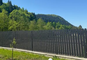 Un gard înalt și negru din lemn se află în fața unei păduri luxuriante și verzi, cu un munte în depărtare.